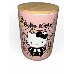 Hello Kitty Halloween Spiderweb Pink Ceramic Jar Bamboo Lid 40.57 Oz Sanrio